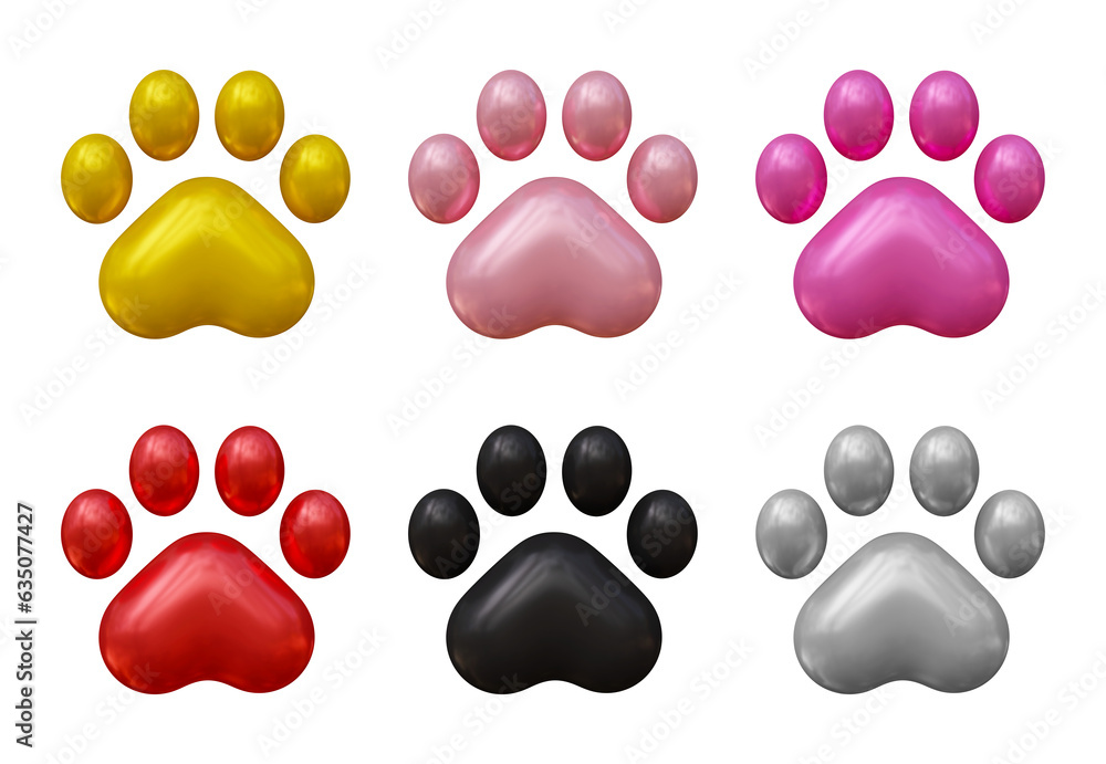 Poster set of dog or cat paw icons in 3d rendering isolated on transparent background for pet, animal conce