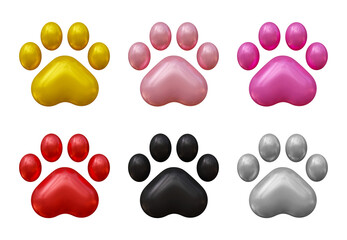Set of dog or cat paw icons in 3d rendering isolated on transparent background for pet, animal concept.