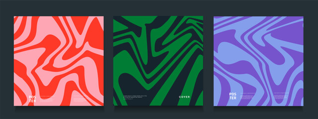 Vector Optical Set in Red, Blue, Violet Colors. Abstract 3d Patterns in Psychedelic Retro Style. Art Crazy Liquid Stripe for Poster, Website, Placard, Cover, Advertising. Vector illustration 