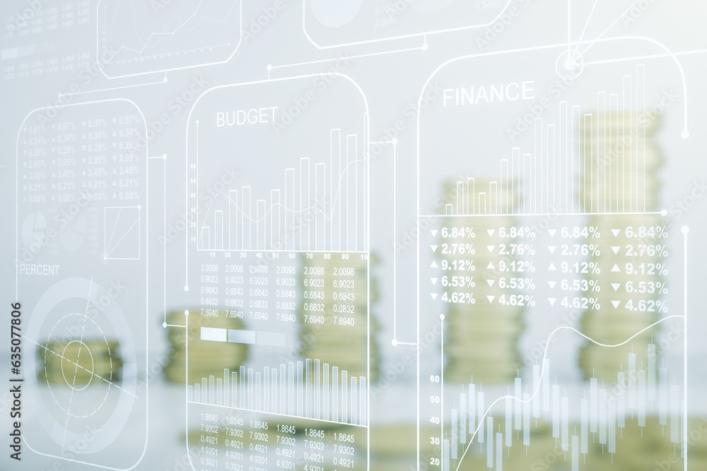 Poster Double exposure of abstract creative statistics data hologram on growing coins stacks background, analytics and forecasting concept