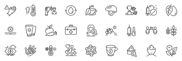 Icons pack as Stress, Coronavirus and Mental conundrum line icons for app include Medical drugs, Mountain bike, High thermometer outline thin icon web set. Use gloves, Sunscreen. Vector