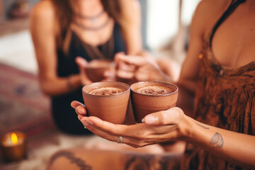 Cacao ceremony. Female hands holding a cup of pure  organic ceremonial cacao drink.