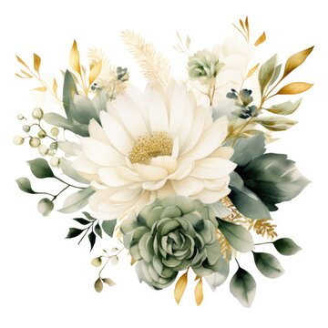 Wedding floral composition, watercolor big flowers, eucalyptus greenery arrangement, isolated on white