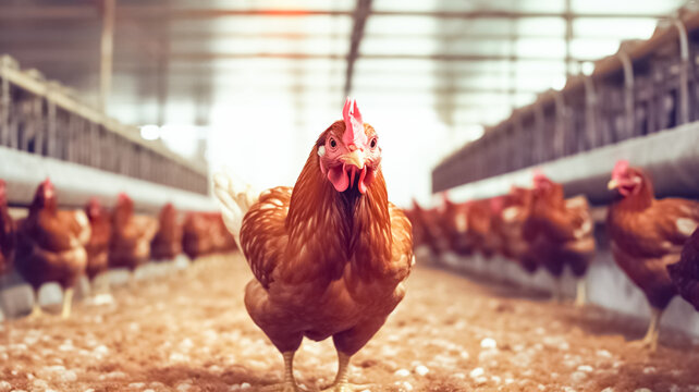 Indoors chicken farm, sustainability and chicken flock on farm for organic, poultry and livestock farming. Egg chicken farm. Hens in cages industrial farm.