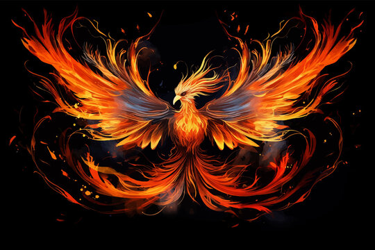 Phoenix. Fire Phoenix risen from the ashes. Firebird. Burning bird. Eagle flying in the fire. Bird in the fire. Fantasy Fiery bird. Mythical Creature. Legend. Fairy. Isolated on black. Fire background