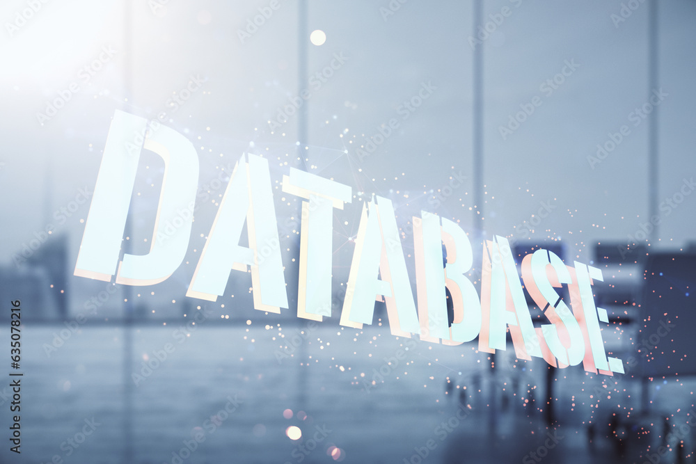 Poster double exposure of creative database word hologram on a modern meeting room background, research and