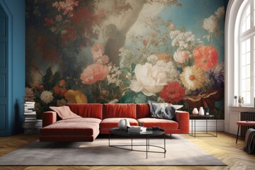 Modern living room interior, beautiful floral mural, flowers on wall