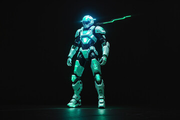 hyperrealistic, powerful, white and green armored skull, her cybernetic helmet glowing in the darkness of space, legs are muscular, feet are claws, ready to take on any challenge, AI generated