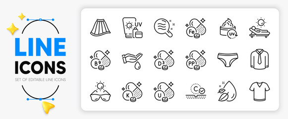 Fototapeta premium Vitamin k, Collagen skin and Uv protection line icons set for app include Water drop, Skirt, T-shirt outline thin icon. Folate vitamin, Wash hands, Niacin pictogram icon. Iron. Vector