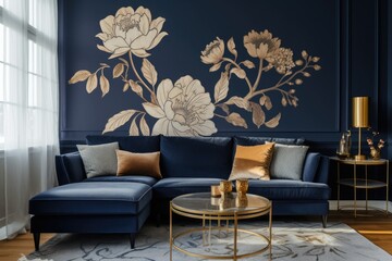 Modern living room interior, beautiful floral mural, flowers on wall - Powered by Adobe