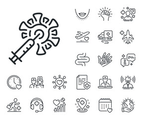 Corona syringe sign. Online doctor, patient and medicine outline icons. Coronavirus vaccine line icon. Covid jab symbol. Coronavirus vaccine line sign. Vector