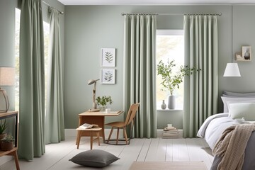 Modern bedroom, miminal interior design, window with simple curtains
