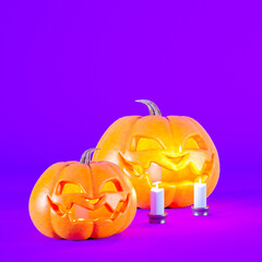 Halloween concept purple background with orange pumpkin lanterns and candles 3d rendering.
