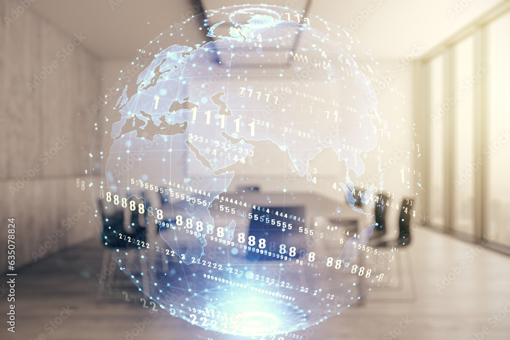 Poster multi exposure of abstract programming language hologram and world map on a modern furnished office 