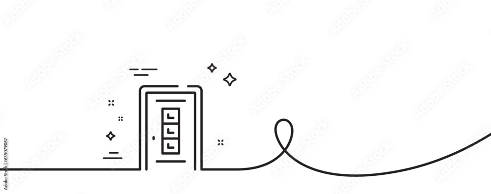 Poster door line icon. continuous one line with curl. building entrance sign. exit doorway symbol. door sin
