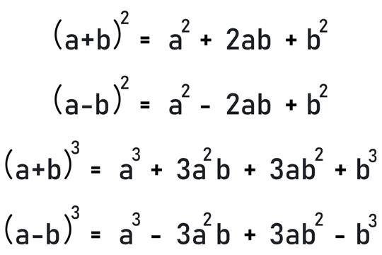 Formulas for the second and third powers of binomials a plus minus b