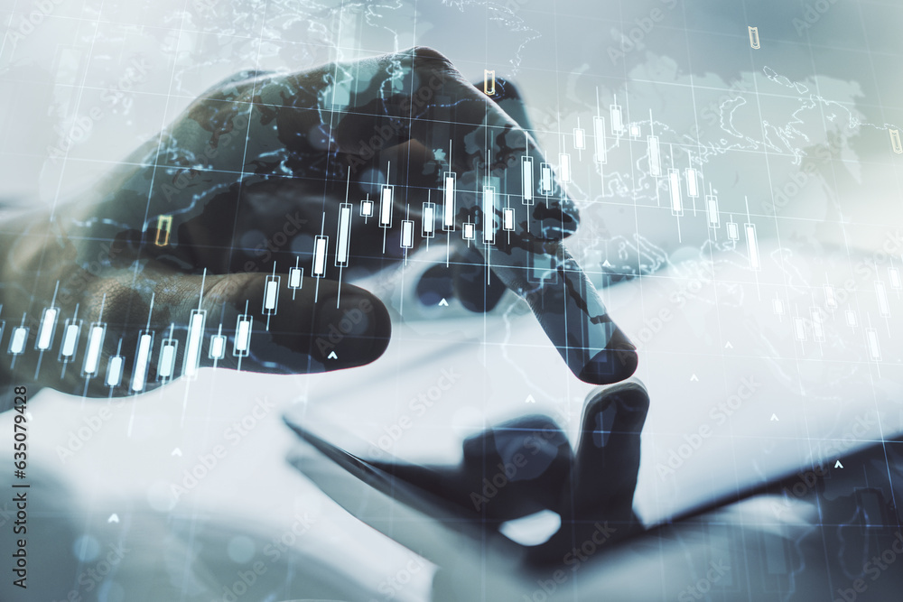 Poster multi exposure of abstract creative financial chart with world map and with finger presses on a digi