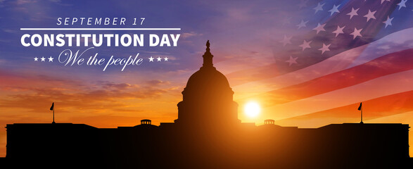 American Constitution day. National holiday of america. Capitol building silhouette on sunset...