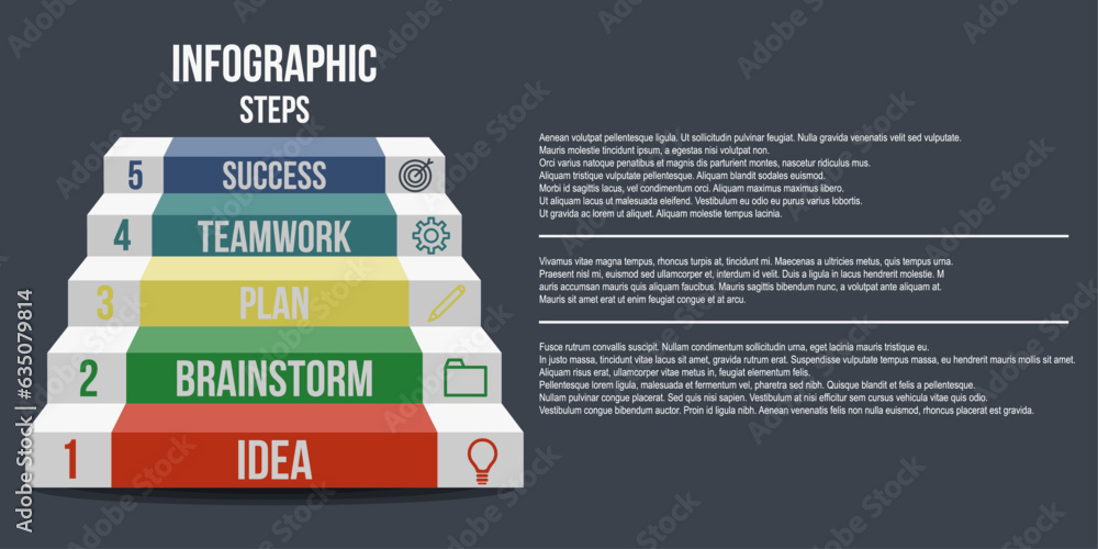 Aufkleber info graph of stairs, and icons on one side, numbers on the other. idea, brainstorming, plan, teamwo