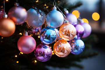 Obraz na płótnie Canvas Colorful Christmas balls closeup, xmas decorations, new year tradition