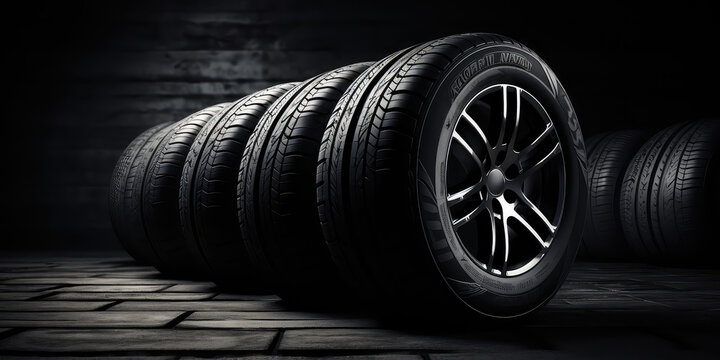 New tires pile on a dark black background. Tire fitting background with stack of car tires. Copy space. 
