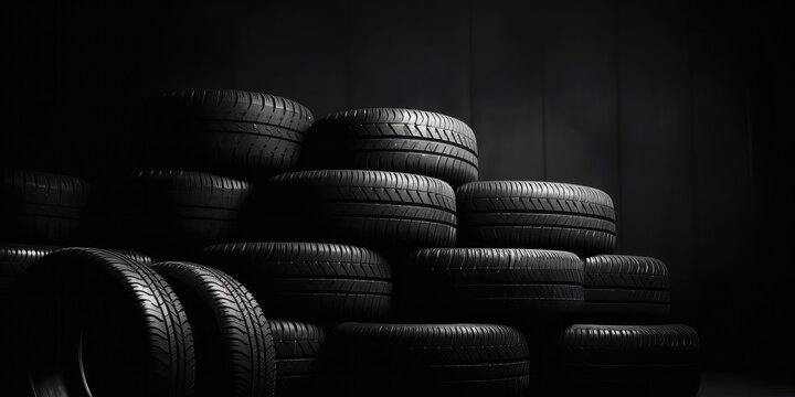New tires pile on a dark black background. Tire fitting background with stack of car tires. Copy space. 