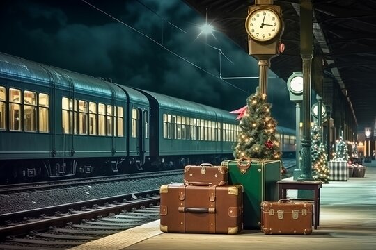 A christmas train station platform with vintage, Generative AI.	
