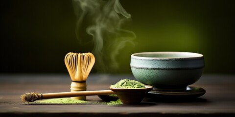 Obraz na płótnie Canvas AI Generated. AI Generative. Traditional japanese asian matcha tea ceremony. Bowl, wooden dry organic spoon powder. Graphic Art