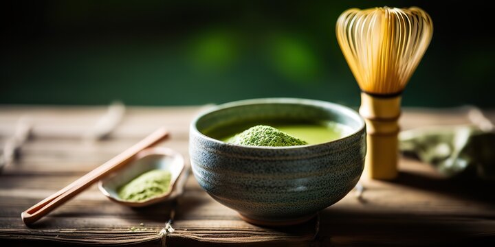 AI Generated. AI Generative. Traditional japanese asian matcha tea ceremony. Bowl, wooden dry organic spoon powder. Graphic Art
