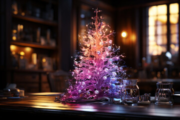 Fototapeta na wymiar Decorated Christmas mini tree with colorful balls, new year tradition, merry xmas