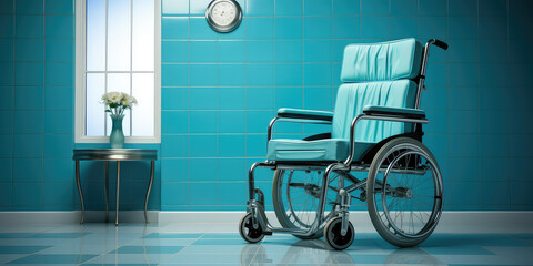 Fototapeta na wymiar Wheel chair at hospital room, copy space. Empty hospital hall with single handicapped chair.