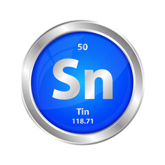 Icon structure Tin (Sn) chemical element round shape circle blue. Chemical element of the periodic table. Sign with atomic number. Study in science for education. 3D vector illustration.