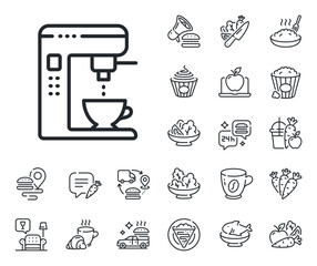 Vending machine sign. Crepe, sweet popcorn and salad outline icons. Coffee maker line icon. Make tea symbol. Coffee maker line sign. Pasta spaghetti, fresh juice icon. Supply chain. Vector