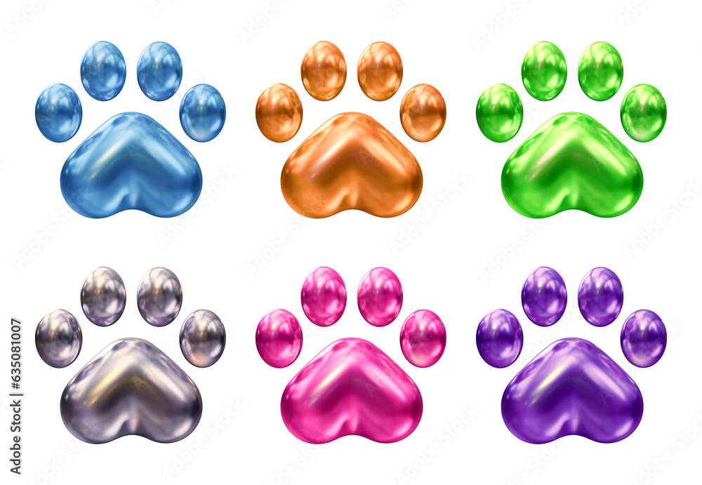Poster set of dog or cat paw icons in 3d rendering isolated on transparent background for pet, animal conce