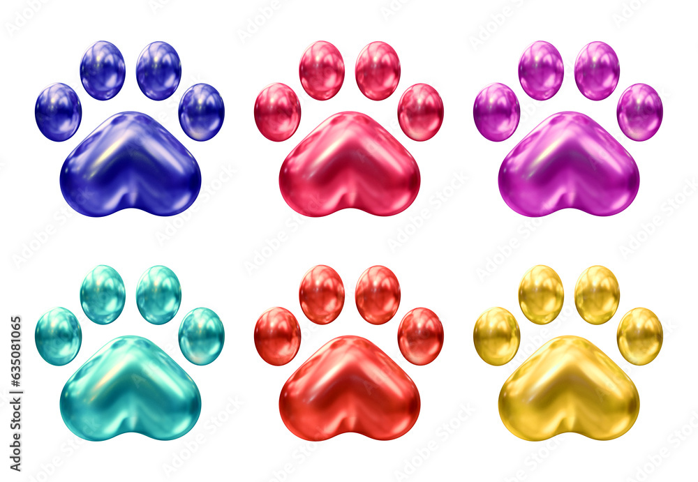 Poster set of dog or cat paw icons in 3d rendering isolated on transparent background for pet, animal conce
