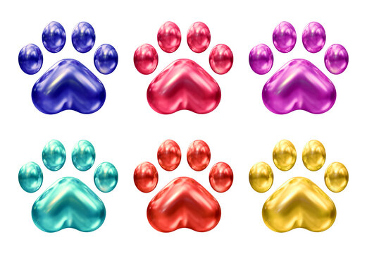 Set of dog or cat paw icons in 3d rendering isolated on transparent background for pet, animal concept.