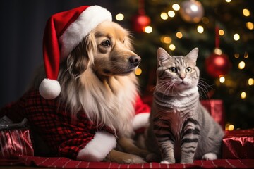 dog and cat dressed in Santa outfits gathered around a beautifully Christmas tree