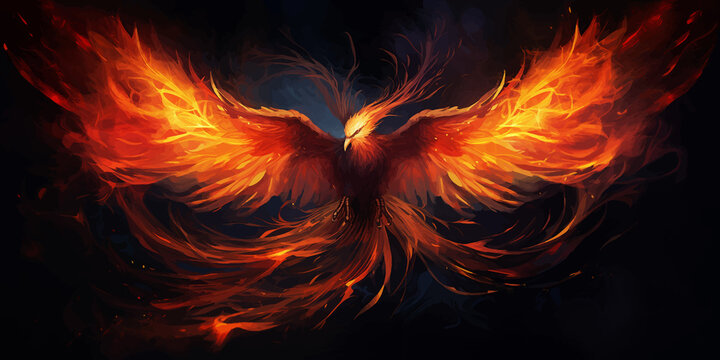 Phoenix. Fire Phoenix risen from the ashes. Firebird. Burning bird. Eagle flying in the fire. Bird in the fire. Fantasy Fiery bird. Mythical Creature. Legend. Fairy. Isolated on black. Fire background