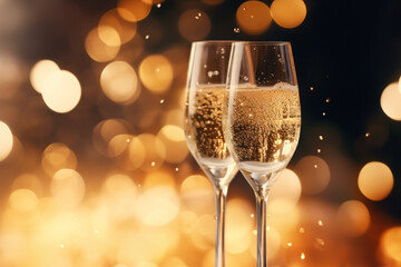 Champagne bliss. Raise your glasses to a sparkling celebration on a blurred bokeh background of elegance, joy, and unforgettable moments of togetherness and cheers.