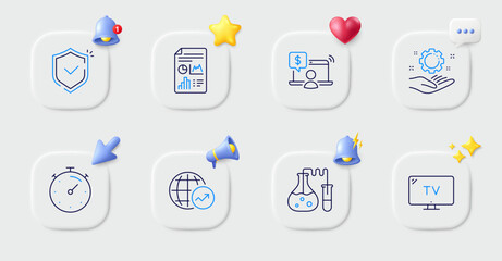 Report document, Employee hand and Timer line icons. Buttons with 3d bell, chat speech, cursor. Pack of World statistics, Shield, Tv icon. Chemistry lab, Online shopping pictogram. Vector
