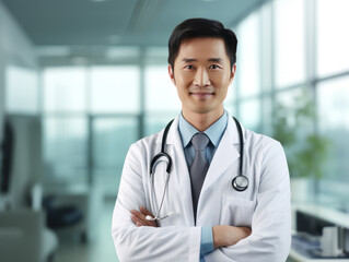 Portrait of a confident smiling male asian doctor with stethoscope at hospital, high quality generative ai