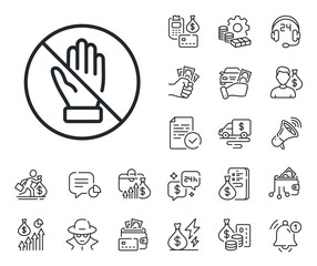 No money bribe sign. Cash money, loan and mortgage outline icons. Corrupt line icon. Stop cash crime symbol. Corrupt line sign. Credit card, crypto wallet icon. Inflation, job salary. Vector