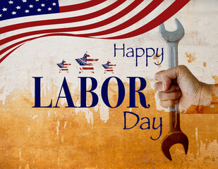 Happy Labor day card background idea, hand holding tool with USA flag and star, holiday in America, greeting card idea