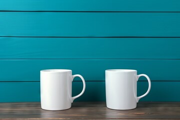 Two white coffee mugs placed apart on wooden table, blue background