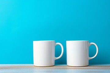 Fototapeta na wymiar Two white coffee mugs placed apart on wooden table, blue background