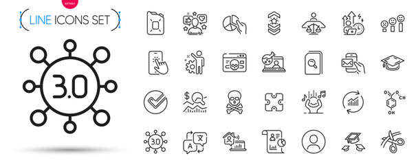 Pack of Web3, Cyber attack and Update data line icons. Include Noise, Difficult stress, Shoulder strap pictogram icons. Graduation cap, Canister oil, Employee signs. Check investment. Vector