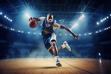 Handsome basketball player with a ball in action on floodlight professional basketball court.
