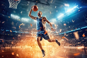 Basketball player in motion or movement on big professional arena during the game.