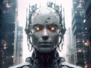 Cyborg-Mann, repr&auml;sentiert den Fortschritt und die Entwicklung von Technologie und k&uuml;nstlicher Intelligenz. Integration von Mensch und Maschine sowie das grenzenlose Potenzial der KI. Generative AI