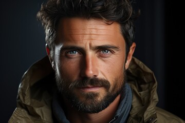 Obraz premium Mid adult man with beard smiling, dressed in winter jacket, portrait on dark background